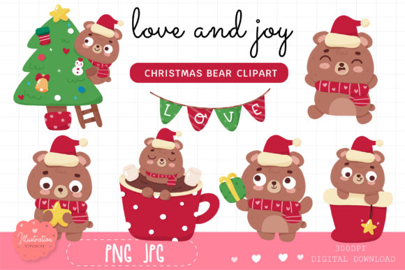 Christmas Bear Santa Kawaii Xmas Clipart Illustrations