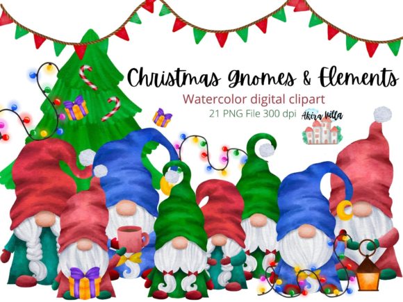 Christmas Gnomes and Elements Watercolor Illustrations