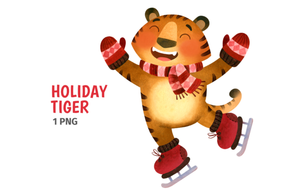 Christmas Tiger, Ice Skating Clipart for Branding and Marketing