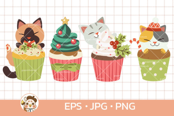 Cute Cat Cupcake Illustration for Christmas