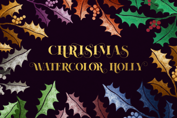 Glitter Watercolor Christmas Frame Holly Illustrations