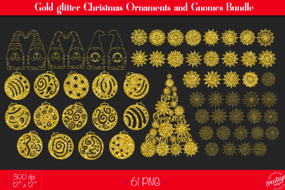 Gold Glitter Christmas Ornaments Gnomes Illustrations