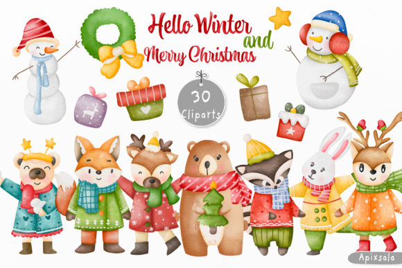 Hello Winter Christmas Watercolor Illustrations