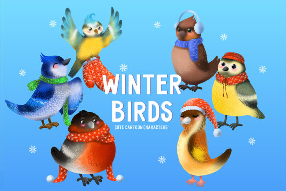 Winter Birds. Christmas Cartoon Art Illustrations